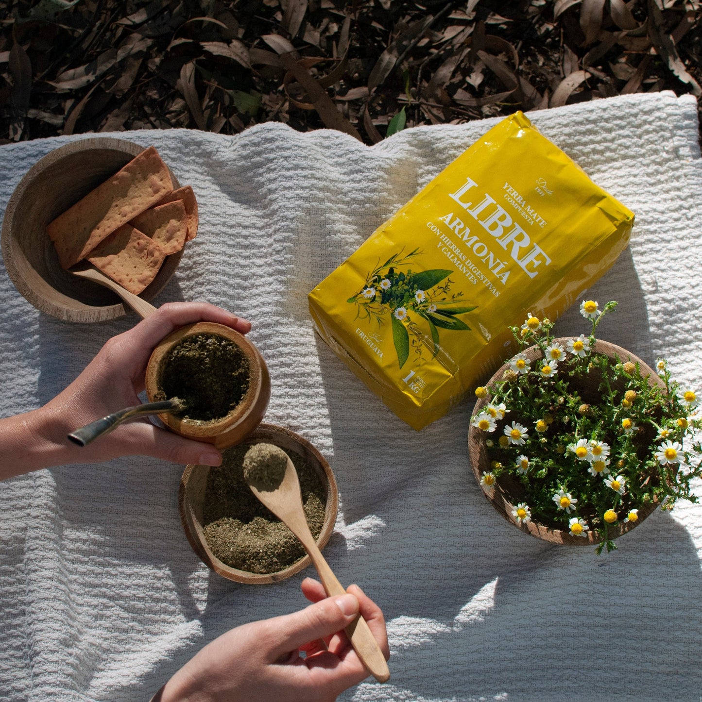 Yerba LIBRE armonia con manos de alguien armando mate sobre manta con galletas