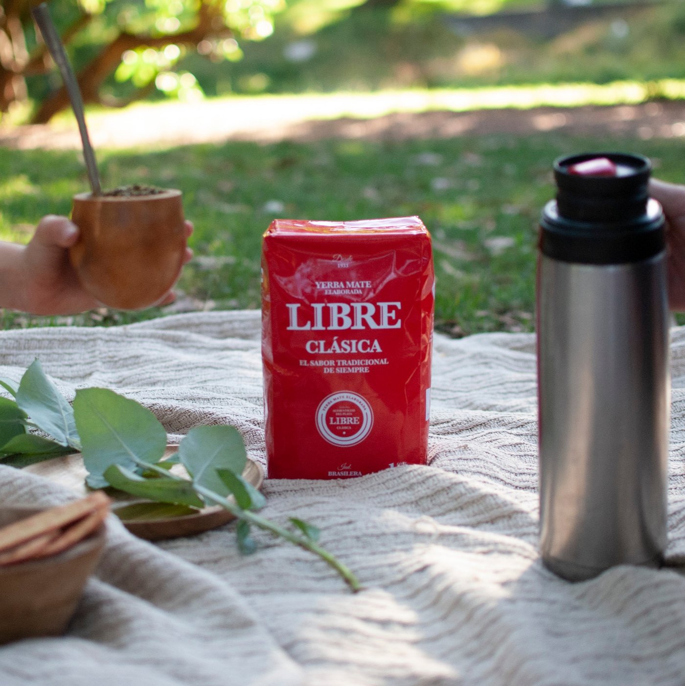 yerba LIBRE clásica en una manta blanca de picnic con manos de dos personas compartiendo, mate, con termo, galletas con fondo natural