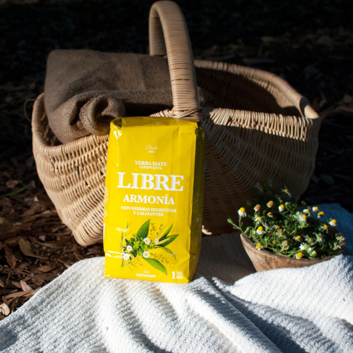 Paquete de Yerba mate LIBRE armonia sobre manta con canasto de picnic y flores de manzanilla
